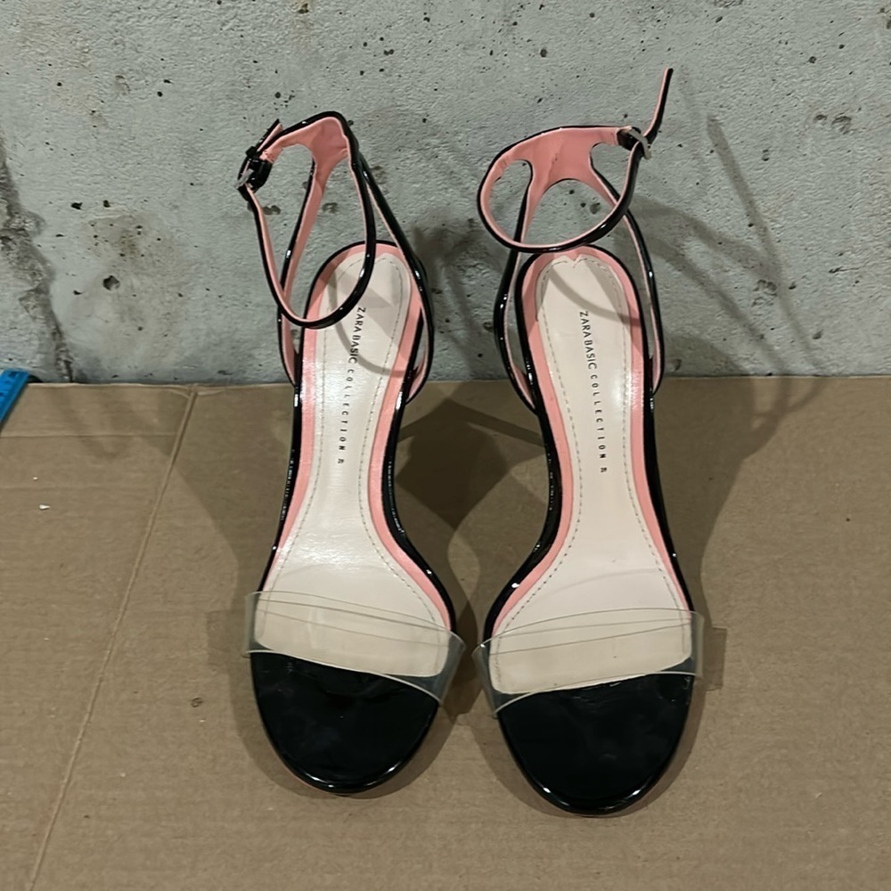 Zara Basic Collections Black Patent and Lucite Pencil Heel Stiletto Sandals - 39